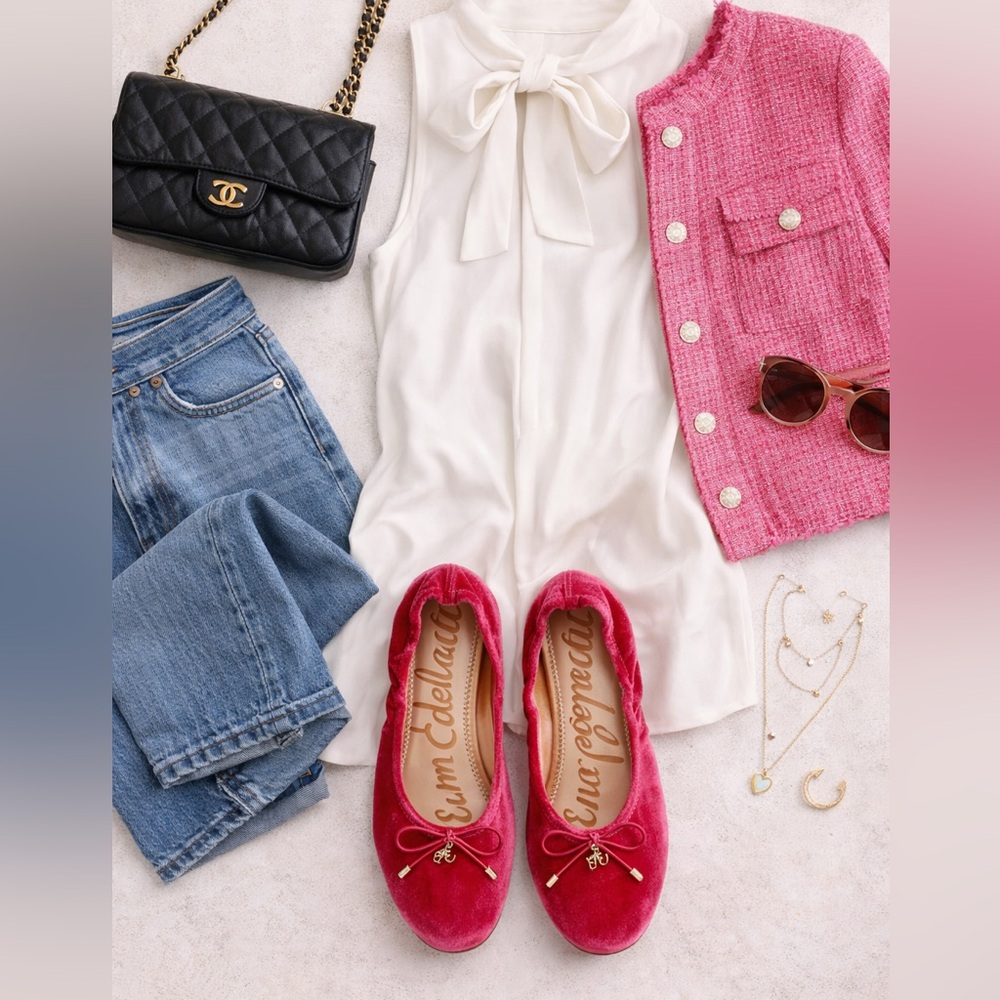 Sam Edelman Felicia Ballet Flats Pink Velvet Bow Size